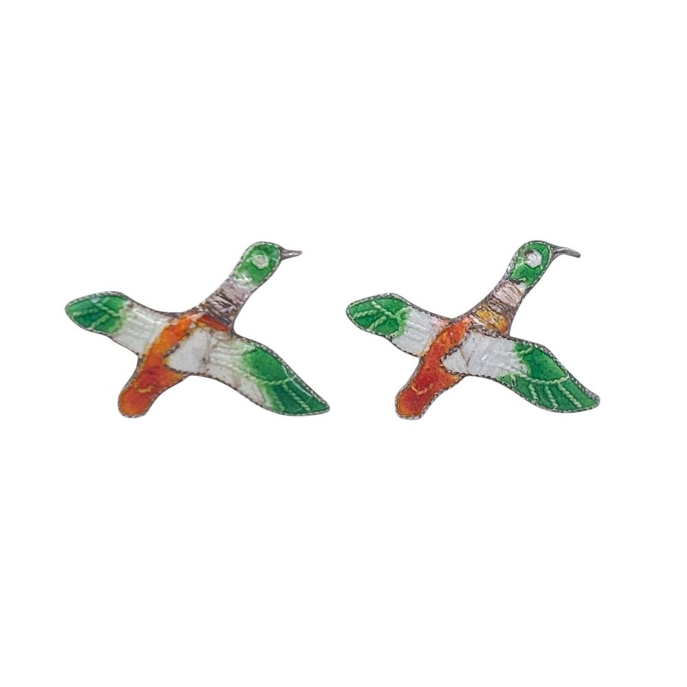 Vintage Sterling Silver 925 Flying Duck Enamel Stud Earrings